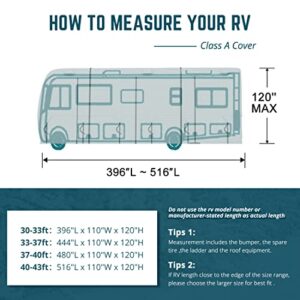 KING BIRD Upgraded Class A RV Cover, Extra-Thick 5 Layers Anti-UV Top Panel, Durable Camper Cover, Fits 33'- 37' Motorhome -Breathable, Water-Proof, Rip-Stop with 2Pcs Extra Straps & 4 Tire Cover