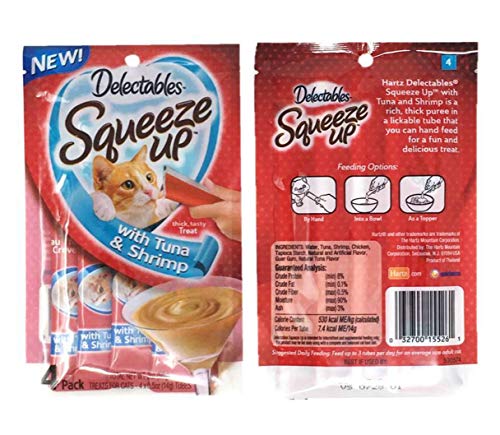 Delectables Squeeze Up Hartz Cat Treats Bundle of 4 Flavor Pouches, 2.0 oz Each (Tuna & Shrimp)