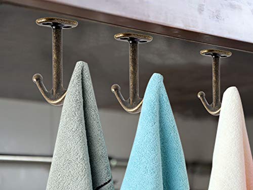 BAMI-LEE House Zinc Alloy Double Prong Ceiling Hooks, 4-Pack Under Shelf Coat Hooks Hanging Towel Robe Clothes Cap Bathroom Kitchen Cabinet Garage Use (Bronze)