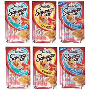 delectables squeeze up hartz cat treats variety 6 pouch bundle of 3 flavors; 2 pouches of each (tuna, chicken, tuna & shrimp; 2.0 oz each)