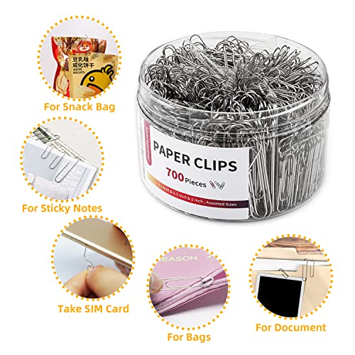 Paper Clips,700 Pcs Sliver Paper Clips Assorted Sizes with Small,Medium &Jumbo, Large Paperclips for Office School Hospital Document Organizing Daily DIY Use