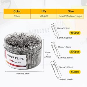 Paper Clips,700 Pcs Sliver Paper Clips Assorted Sizes with Small,Medium &Jumbo, Large Paperclips for Office School Hospital Document Organizing Daily DIY Use