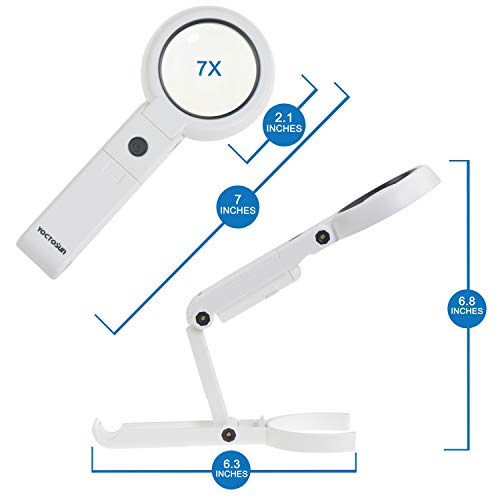 YOCTOSUN Magnifying Glass with Light and Stand, Hands Fee & Desktop Magnifier with 7X Magnification, 6 Bright LED Lights and Foldable Handle, Ideal for Electronics, Jewlery, Coins, Craft & Hobbies