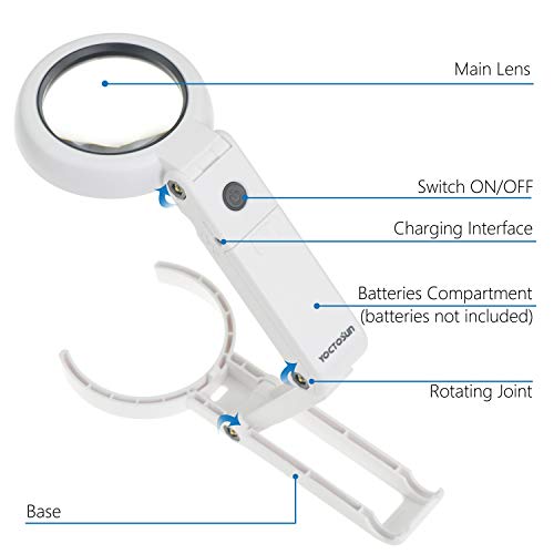 YOCTOSUN Magnifying Glass with Light and Stand, Hands Fee & Desktop Magnifier with 7X Magnification, 6 Bright LED Lights and Foldable Handle, Ideal for Electronics, Jewlery, Coins, Craft & Hobbies