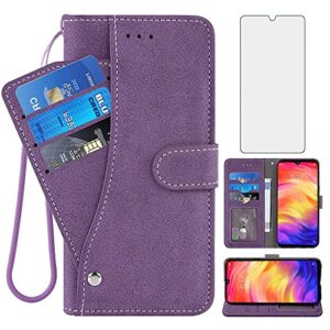 asuwish compatible with xiaomi redmi note 7/7pro wallet case and tempered glass screen protector flip cover credit card holder stand cell accessories phone case for redme note7 pro 7s women men purple