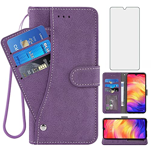 Asuwish Compatible with Xiaomi Redmi Note 7/7Pro Wallet Case and Tempered Glass Screen Protector Flip Cover Credit Card Holder Stand Cell Accessories Phone Case for Redme Note7 Pro 7s Women Men Purple