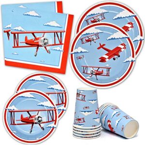 airplane party supplies tableware set 24 9" dinner plates 24 7" plate 24 9 oz. cups 50 lunch napkins time flies taking flight plane themed disposable paper goods for baby shower & birthday party decor