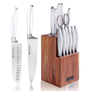 kurschmann 15-piece knife set clearance in upright acacia block, white handles with stainless steel chef's knife, 6 steak knives + santoku, bread, carving, paring, & utility knife + scissors & rod