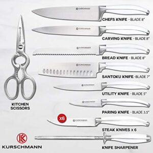 Kurschmann 15-Piece Knife Set CLEARANCE in Upright Acacia Block, White Handles with Stainless Steel Chef's Knife, 6 Steak Knives + Santoku, Bread, Carving, Paring, & Utility Knife + Scissors & Rod