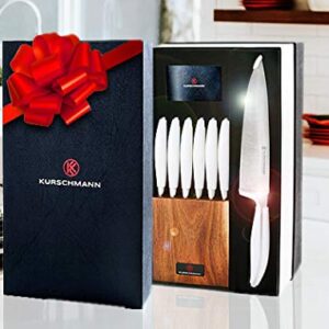 Kurschmann 15-Piece Knife Set CLEARANCE in Upright Acacia Block, White Handles with Stainless Steel Chef's Knife, 6 Steak Knives + Santoku, Bread, Carving, Paring, & Utility Knife + Scissors & Rod