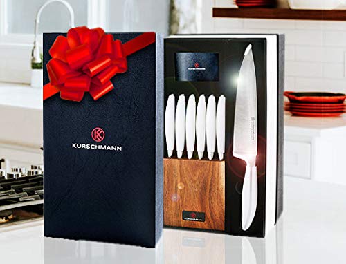 Kurschmann 15-Piece Knife Set CLEARANCE in Upright Acacia Block, White Handles with Stainless Steel Chef's Knife, 6 Steak Knives + Santoku, Bread, Carving, Paring, & Utility Knife + Scissors & Rod