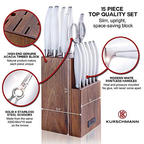 Kurschmann 15-Piece Knife Set CLEARANCE in Upright Acacia Block, White Handles with Stainless Steel Chef's Knife, 6 Steak Knives + Santoku, Bread, Carving, Paring, & Utility Knife + Scissors & Rod