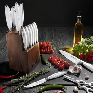 Kurschmann 15-Piece Knife Set CLEARANCE in Upright Acacia Block, White Handles with Stainless Steel Chef's Knife, 6 Steak Knives + Santoku, Bread, Carving, Paring, & Utility Knife + Scissors & Rod