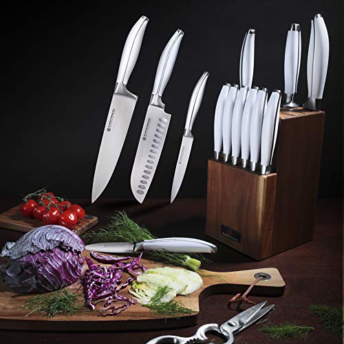 Kurschmann 15-Piece Knife Set CLEARANCE in Upright Acacia Block, White Handles with Stainless Steel Chef's Knife, 6 Steak Knives + Santoku, Bread, Carving, Paring, & Utility Knife + Scissors & Rod