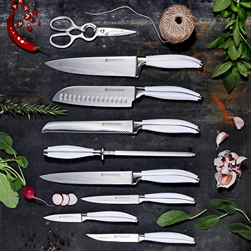 Kurschmann 15-Piece Knife Set CLEARANCE in Upright Acacia Block, White Handles with Stainless Steel Chef's Knife, 6 Steak Knives + Santoku, Bread, Carving, Paring, & Utility Knife + Scissors & Rod