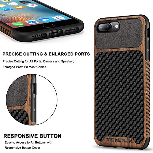 TENDLIN Compatible with iPhone 7 Plus Case/iPhone 8 Plus Case Wood Grain with Carbon Fiber Texture Design Leather Hybrid Slim Case Compatible with iPhone 7 Plus and iPhone 8 Plus (Carbon & Leather)