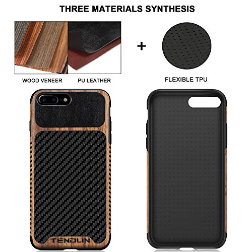 TENDLIN Compatible with iPhone 7 Plus Case/iPhone 8 Plus Case Wood Grain with Carbon Fiber Texture Design Leather Hybrid Slim Case Compatible with iPhone 7 Plus and iPhone 8 Plus (Carbon & Leather)