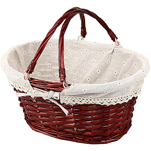 KINJOEK Wicker Woven Basket, Multipurpose Natural Willow Basket with Handle Premium Linen Cotton Cloth Lining for Storage and Decoration, Brown