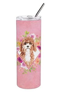 caroline's treasures ck4247tbl20 cavapoo pink flowers double walled stainless steel 20 oz skinny tumbler, 20 oz, multicolor