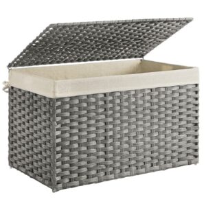 songmics storage basket with lid, rattan-style storage trunk with cotton liner and handles, for bedroom closet laundry room, 29.9 x 17.1 x 18.1 inches, gray urst76wg