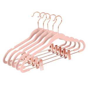 MIZGI Premium Velvet Pants Hangers with Clips (Pack of 20) Slim Skirt Hangers- Non Slip Felt Outfit Dress Hangers Blush Pink - Copper/Rose Gold Hooks,Space Saving Shirt Clothes Hangers