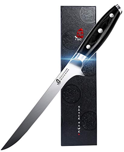 TUO Boning Knife - 7 inch Fillet Knife Flexible Kitchen Knives - German HC Steel Blade for Poultry and Fillet Fish - Full Tang Pakkawood Handle - BLACK HAWK SERIES with Gift Box