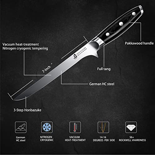 TUO Boning Knife - 7 inch Fillet Knife Flexible Kitchen Knives - German HC Steel Blade for Poultry and Fillet Fish - Full Tang Pakkawood Handle - BLACK HAWK SERIES with Gift Box