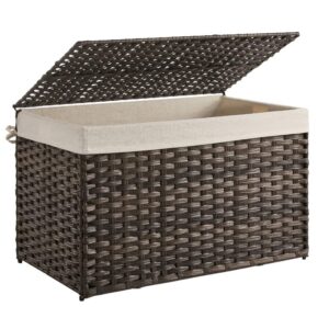 songmics storage basket with lid, rattan-style storage trunk with cotton liner and handles, for bedroom closet laundry room, 29.9 x 17.1 x 18.1 inches, brown urst76br