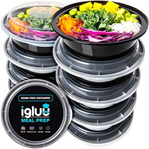 igluu meal prep round plastic containers - new improved lid - reusable bpa free food containers with airtight lids - microwavable, freezer and dishwasher safe - stackable salad bowls - [10 pack, 28oz]