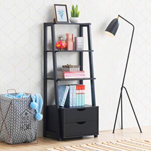Tangkula Ladder Shelf Bookcase, Free Standing 4-Tier Bookshelf with 2 Storage Drawers, Modern Storage Display Shelving with Drawers, Ideal for Bathroom Home Office (Black)