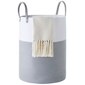 cotton rope laundry hamper by youdenova, 58l - woven collapsible laundry basket - clothes storage basket for blankets, laundry room organizing, bedroom storage, clothes hamper – grey & white
