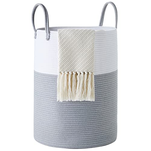 Cotton Rope Laundry Hamper by YOUDENOVA, 58L - Woven Collapsible Laundry Basket - Clothes Storage Basket for Blankets, Laundry Room Organizing, Bedroom Storage, Clothes Hamper – Grey & White