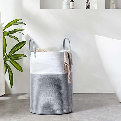 Cotton Rope Laundry Hamper by YOUDENOVA, 58L - Woven Collapsible Laundry Basket - Clothes Storage Basket for Blankets, Laundry Room Organizing, Bedroom Storage, Clothes Hamper – Grey & White