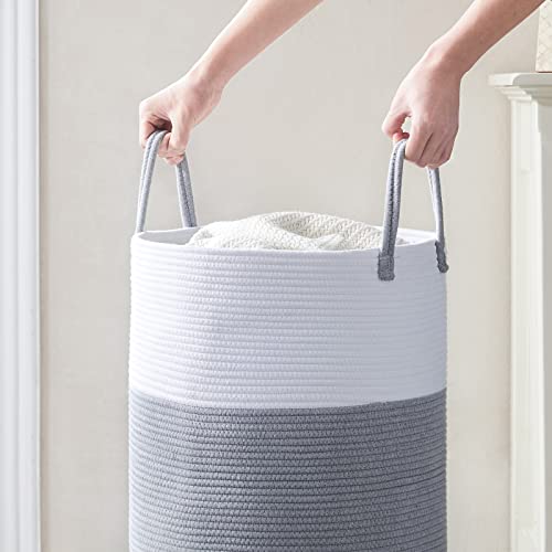 Cotton Rope Laundry Hamper by YOUDENOVA, 58L - Woven Collapsible Laundry Basket - Clothes Storage Basket for Blankets, Laundry Room Organizing, Bedroom Storage, Clothes Hamper – Grey & White