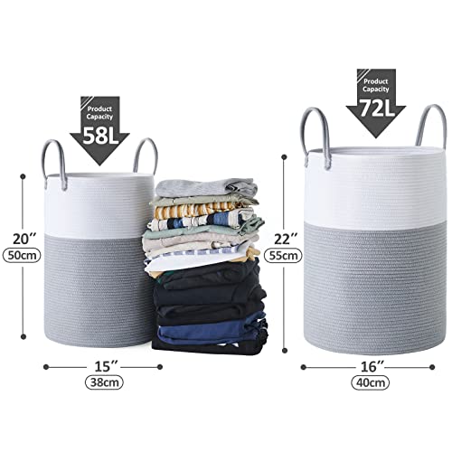 Cotton Rope Laundry Hamper by YOUDENOVA, 58L - Woven Collapsible Laundry Basket - Clothes Storage Basket for Blankets, Laundry Room Organizing, Bedroom Storage, Clothes Hamper – Grey & White