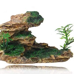 FEDOUR Aquarium Small Mountain View Stone Ornament, Moss Tree Rock Cave Landscape Artificial Fish Tank Decoration, with 6pcs Plants (Ash Browns)