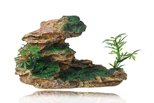 FEDOUR Aquarium Small Mountain View Stone Ornament, Moss Tree Rock Cave Landscape Artificial Fish Tank Decoration, with 6pcs Plants (Ash Browns)