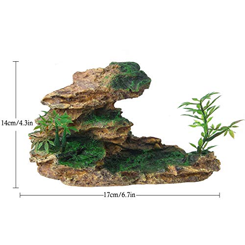 FEDOUR Aquarium Small Mountain View Stone Ornament, Moss Tree Rock Cave Landscape Artificial Fish Tank Decoration, with 6pcs Plants (Ash Browns)