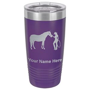lasergram 20oz vacuum insulated tumbler mug, horse and cowgirl, personalized engraving included (dark purple)