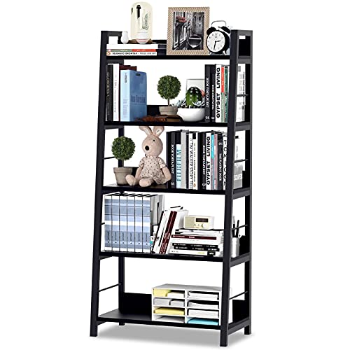 Himimi Black Ladder Bookshelf, 5 Shelf Bookcase Industrial Bookshelf Wood and Metal Bookshelves, Plant Flower Stand Rack Book Storage Shelves for Living Room, Bedroom, Home Office