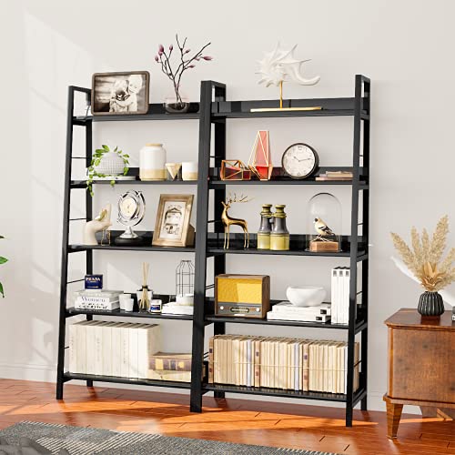 Himimi Black Ladder Bookshelf, 5 Shelf Bookcase Industrial Bookshelf Wood and Metal Bookshelves, Plant Flower Stand Rack Book Storage Shelves for Living Room, Bedroom, Home Office