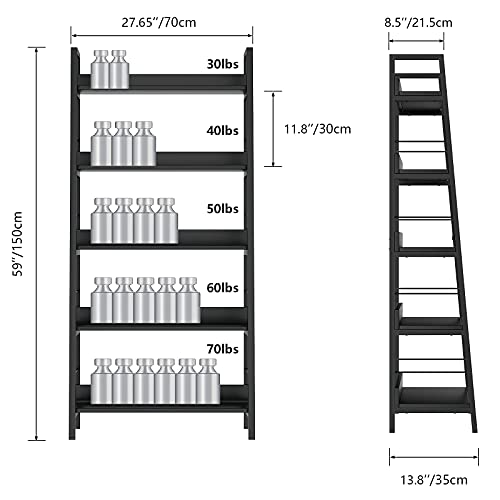 Himimi Black Ladder Bookshelf, 5 Shelf Bookcase Industrial Bookshelf Wood and Metal Bookshelves, Plant Flower Stand Rack Book Storage Shelves for Living Room, Bedroom, Home Office