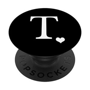 white initial letter t heart monogram on black popsockets popgrip: swappable grip for phones & tablets
