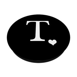 White Initial Letter T heart Monogram on Black PopSockets PopGrip: Swappable Grip for Phones & Tablets