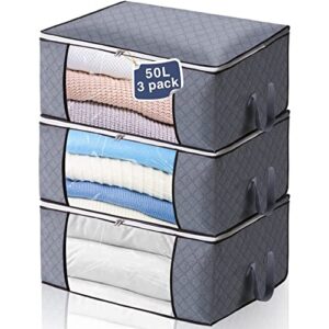 dooob 3 pack blanket storage bag, 50l clothes storage bags for comforter, bedding - foldable clothing storage organizer with reinforced handle & zippers for closet and underbed storage (light grey)