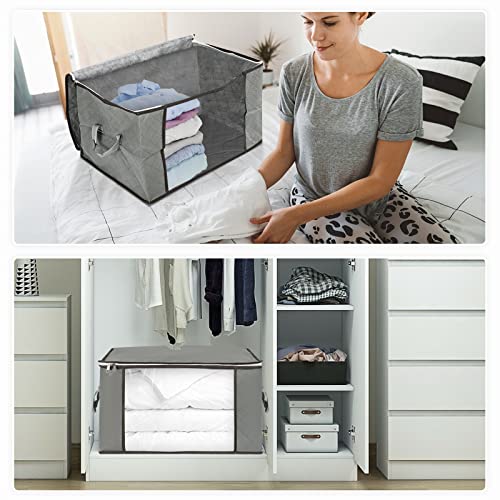 DOOOB 3 Pack Blanket Storage Bag, 50L Clothes Storage Bags for Comforter, Bedding - Foldable Clothing Storage Organizer with Reinforced Handle & Zippers for Closet and Underbed Storage (Light grey)