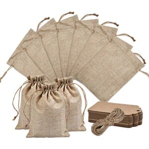 foccts 50pcs burlap bags with drawstring, 5x7.5 gift bag bulk pack with 50 pcs paper tags, 32.8ft string, birthday bag, craft bags, gift tags for christmas, thanksgiving