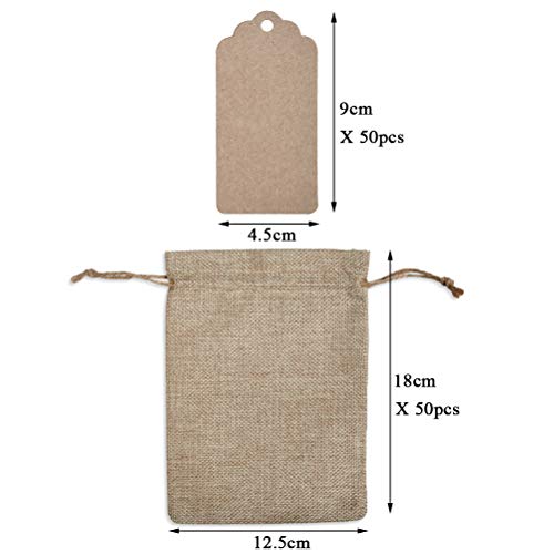 FOCCTS 50Pcs Burlap Bags with Drawstring, 5x7.5 Gift Bag Bulk Pack with 50 Pcs Paper Tags, 32.8Ft String, Birthday Bag, Craft Bags, Gift Tags for Christmas, Thanksgiving