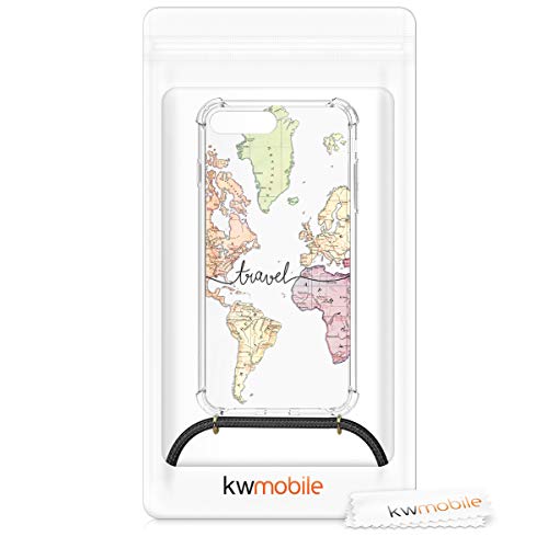 kwmobile Crossbody Case Compatible with Apple iPhone 7 Plus/iPhone 8 Plus Case Strap - Travel Black/Multicolor/Transparent