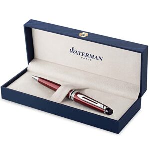 waterman expert ballpoint pen, dark red with chrome trim, medium point with blue refill, gift box
